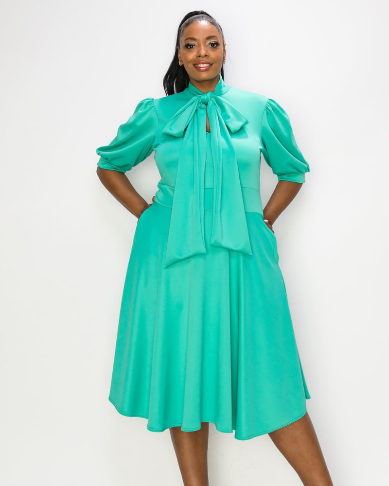 Front of a model wearing a size 1X Casey Scuba Flare Dress in Light Jade by L I V D. | dia_product_style_image_id:241228